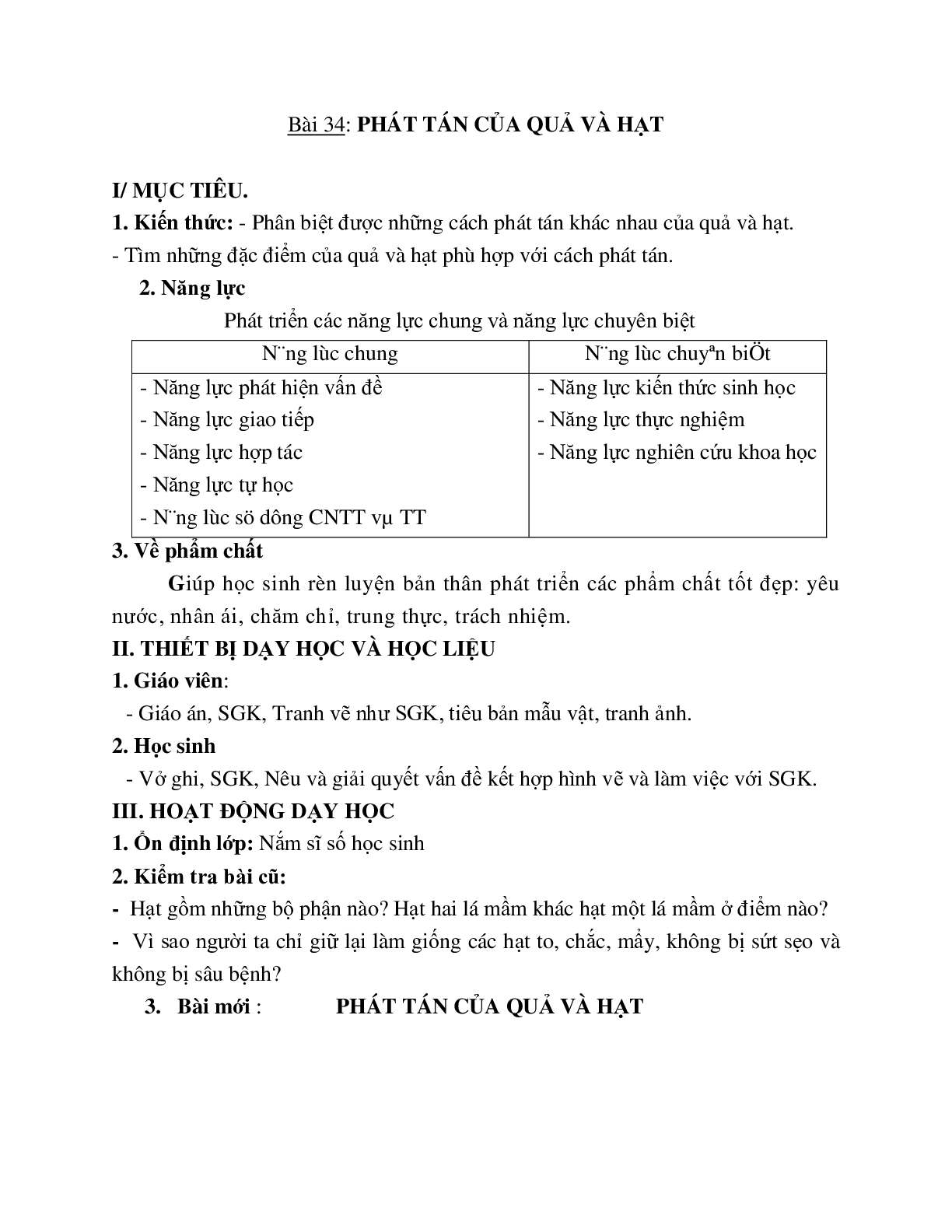 Giáo án Sinh học 6 Bài 34: Phát tán của quả và hạt mới nhất - CV5555 (trang 1)