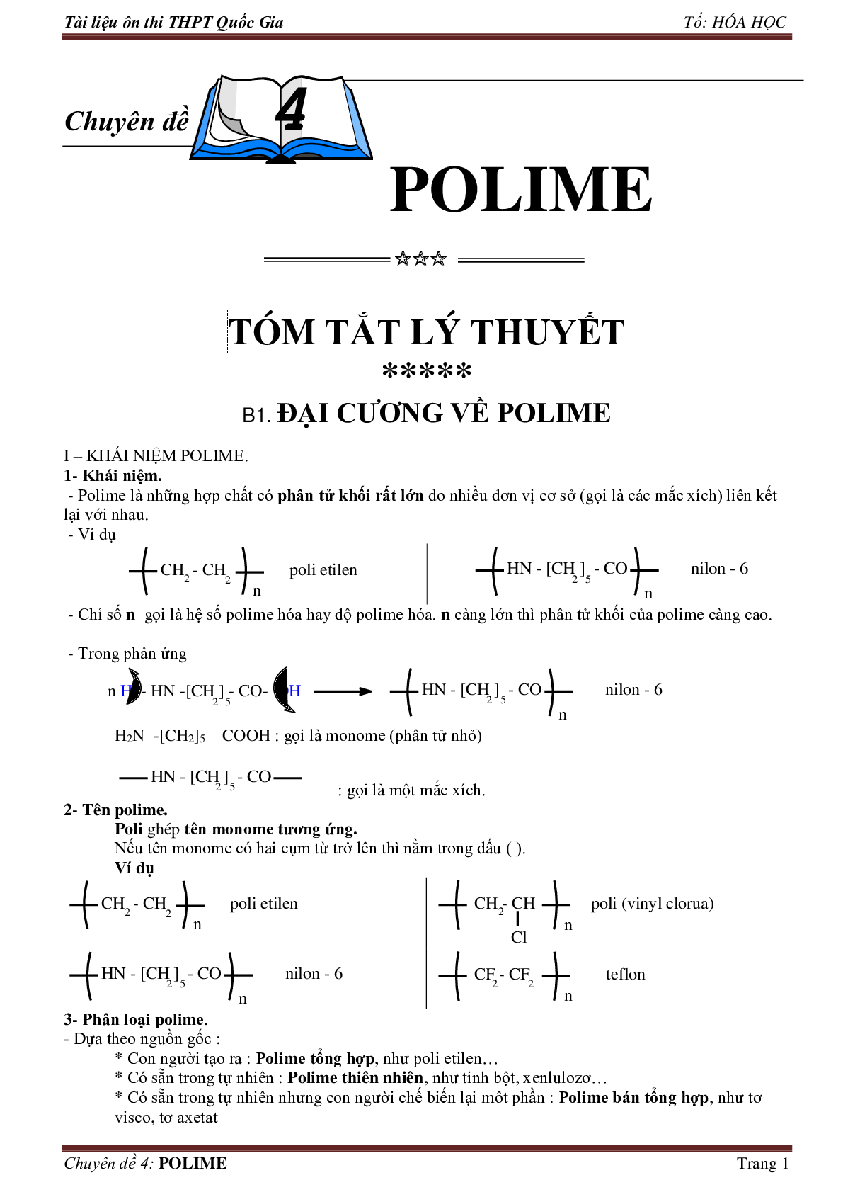 Lý thuyết, bài tập về polime có đáp án, chọn lọc (trang 1)