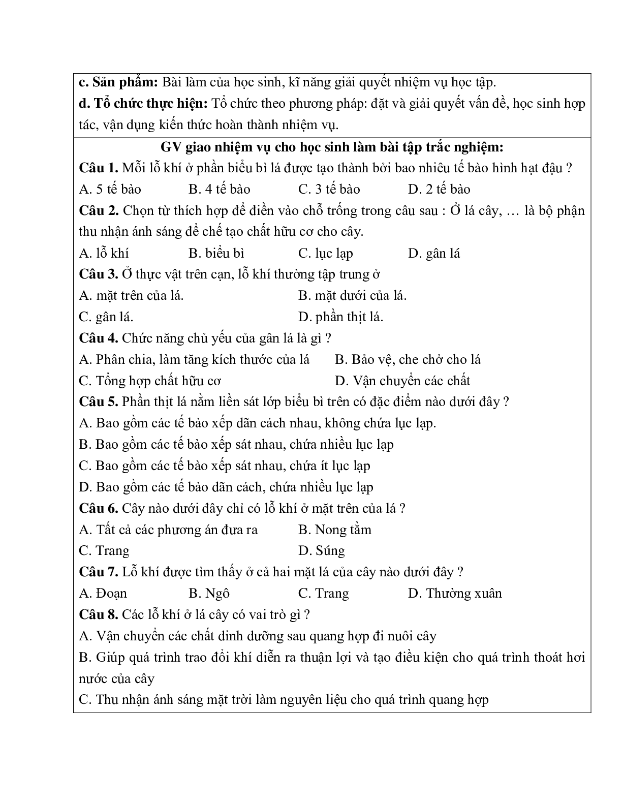 Giáo án Sinh học 6 Bài 20: Cấu tạo trong của phiến lá mới nhất - CV5555 (trang 5)