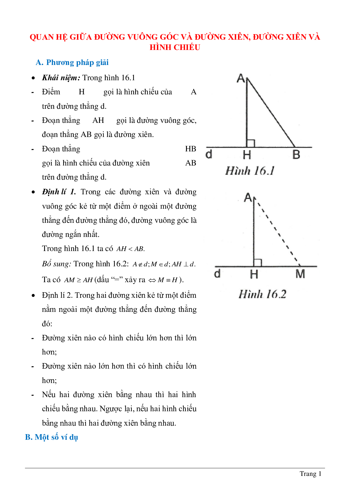 Tổng hợp kiến thức về Quan hệ giữa đường vuông góc và đường xiên, đường xiên và hình chiếu của đường xiên chọn lọc (trang 1)