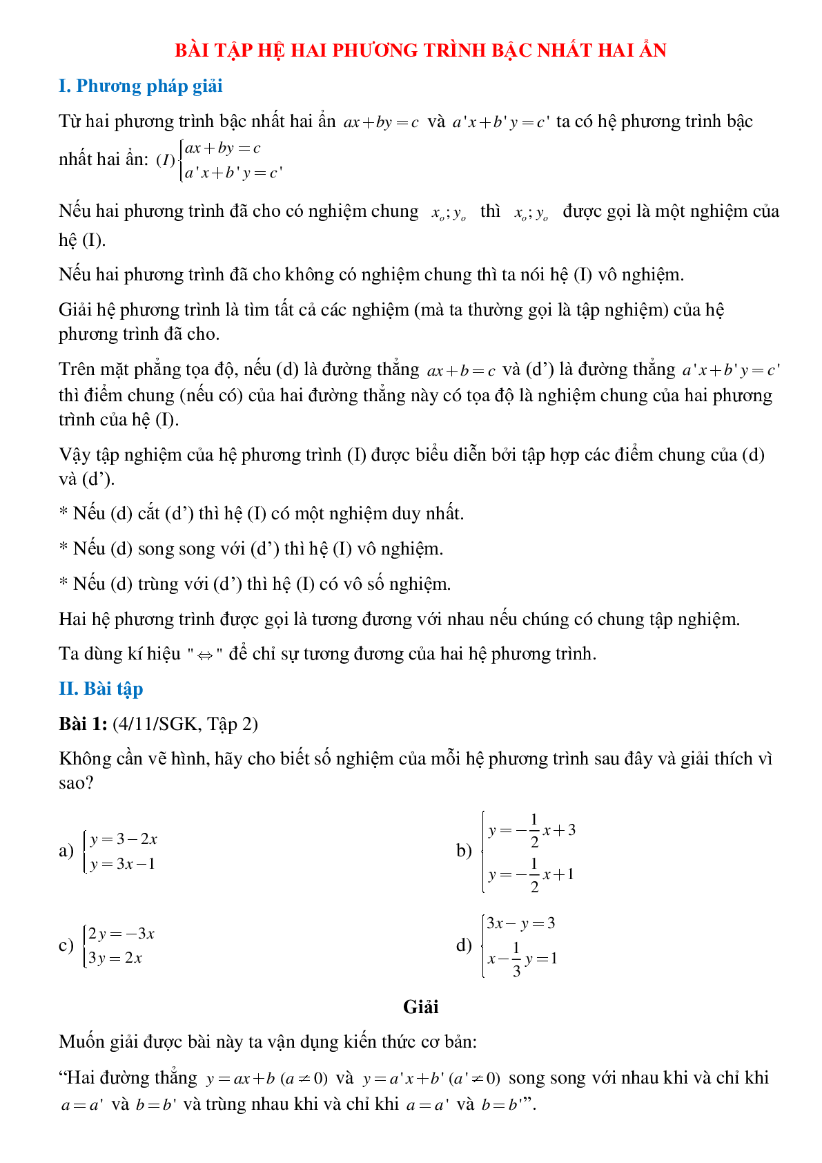 50 Bài tập Hệ hai phương trình bậc nhất hai ẩn (có đáp án) -Toán 8 (trang 1)