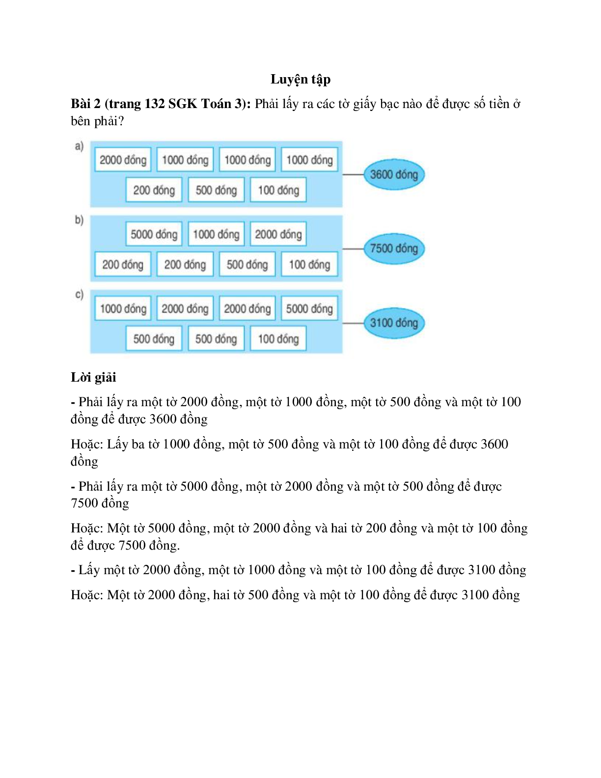 Phải lấy ra các tờ giấy bạc nào để được số tiền ở bên phải (trang 1)