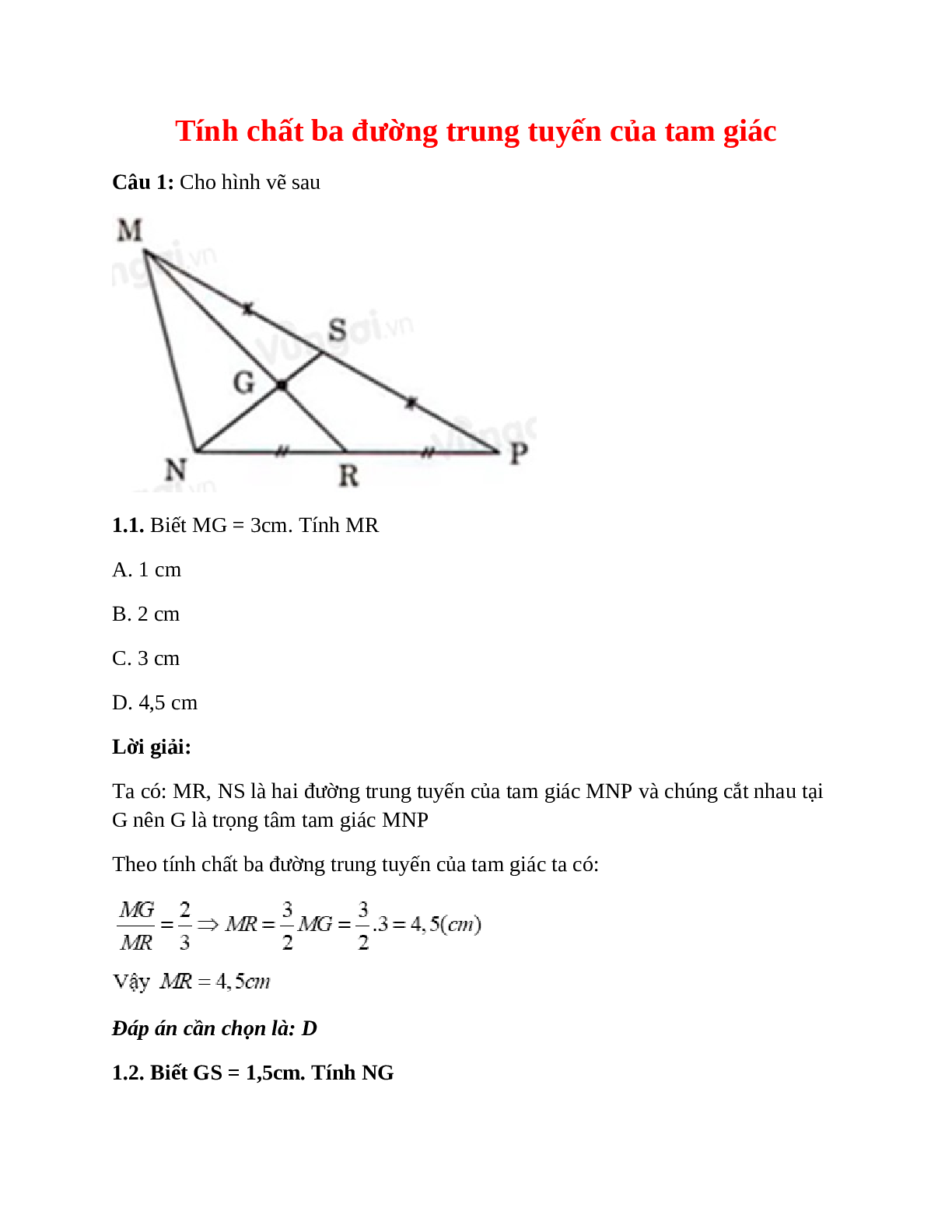 Trắc nghiệm Tính chất ba đường trung tuyến của tam giác có đáp án – Toán lớp 7 (trang 1)