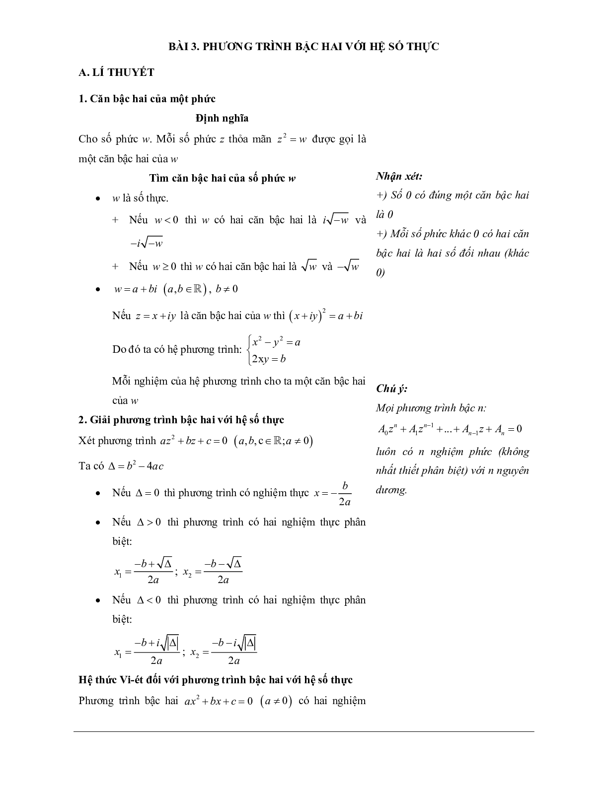 Các dạng bài tập VDC phương trình bậc hai trên tập số phức (trang 1)