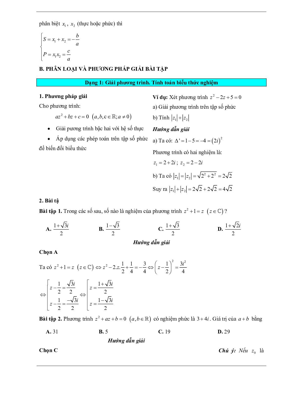 Các dạng bài tập VDC phương trình bậc hai trên tập số phức (trang 2)