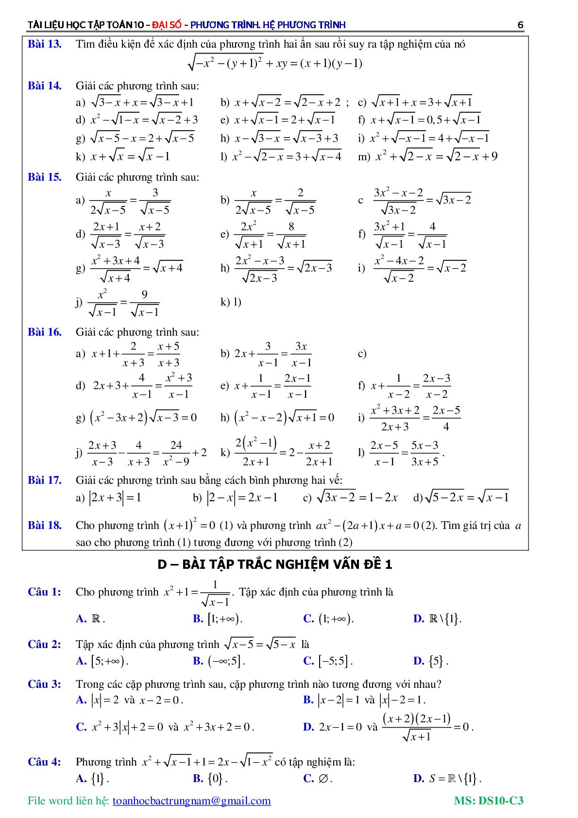 Lý thuyết, bài tập về Phương trình và hệ phương trình có đáp án (trang 7)