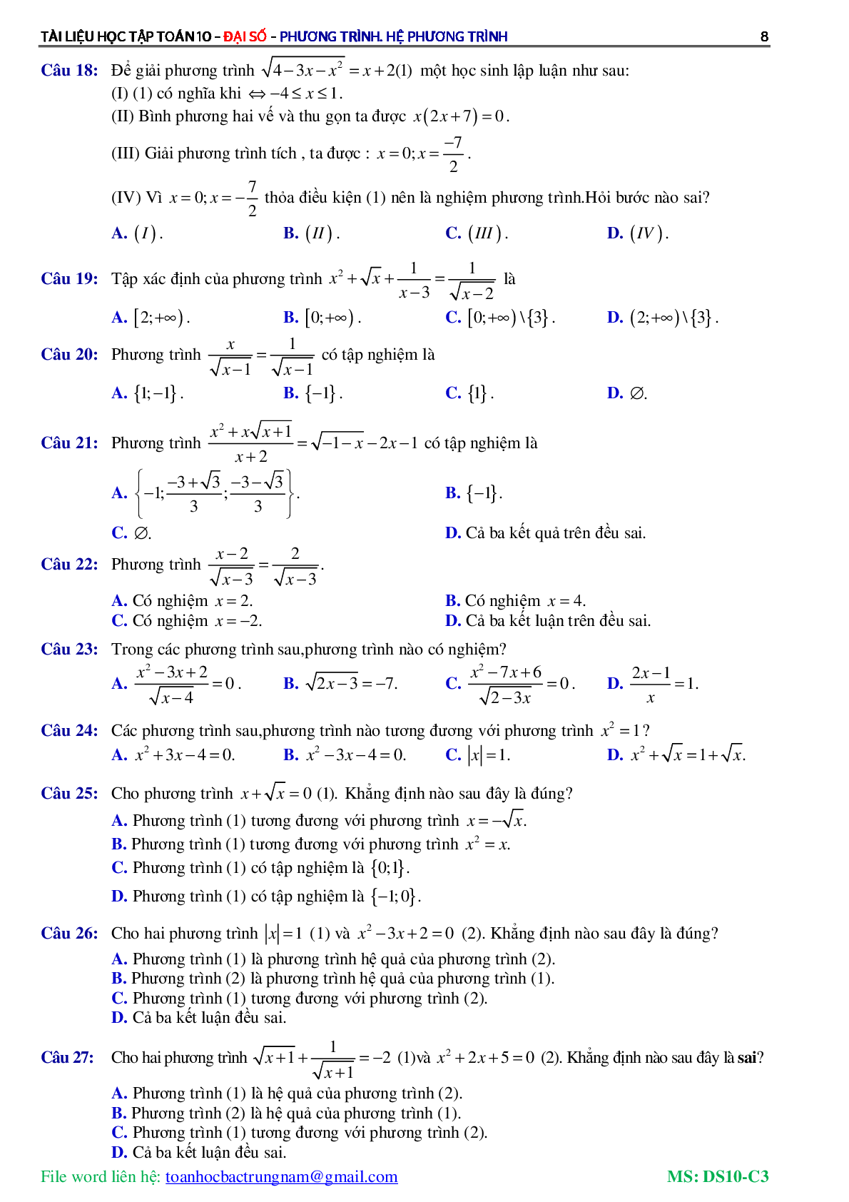 Lý thuyết, bài tập về Phương trình và hệ phương trình có đáp án (trang 9)