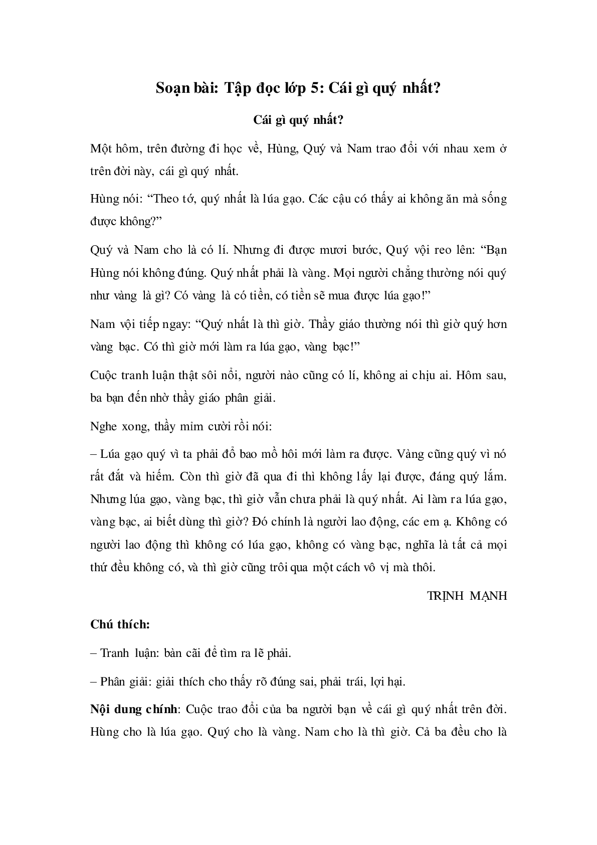 Soạn Tiếng Việt lớp 5: Tập đọc: Cái gì quý nhất mới nhất (trang 1)