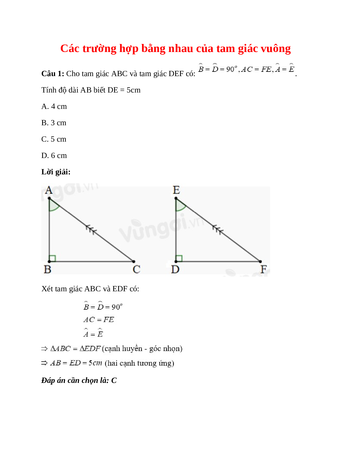 Trắc nghiệm Các trường hợp bằng nhau của tam giác vuông có đáp án – Toán lớp 7 (trang 1)