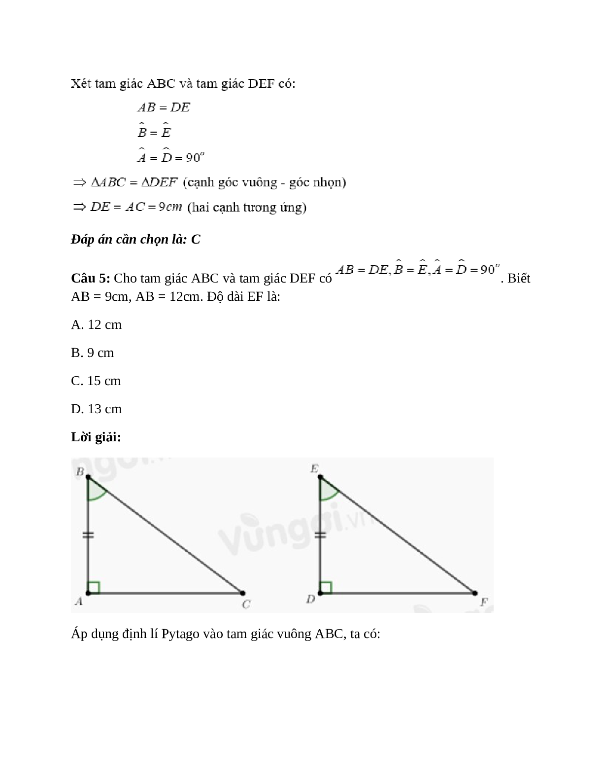 Trắc nghiệm Các trường hợp bằng nhau của tam giác vuông có đáp án – Toán lớp 7 (trang 4)