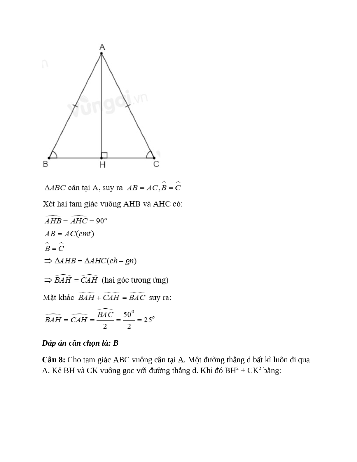 Trắc nghiệm Các trường hợp bằng nhau của tam giác vuông có đáp án – Toán lớp 7 (trang 7)