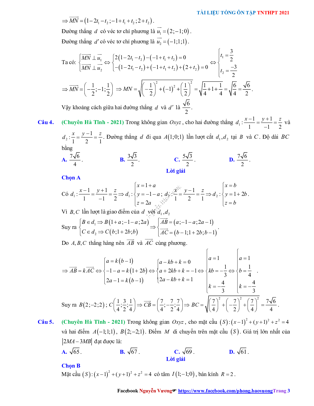 Chuyên đề Oxyz - mức độ vận dụng có đáp án môn Toán lớp 12 (trang 3)