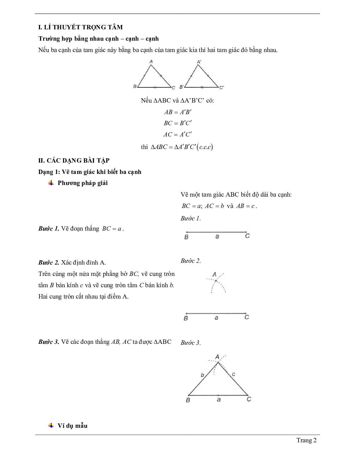 Lý thuyết Toán 7 có đáp án: Trường hợp bằng nhau thứ nhất của tam giác: cạnh - cạnh - canh (c.c.c) (trang 2)