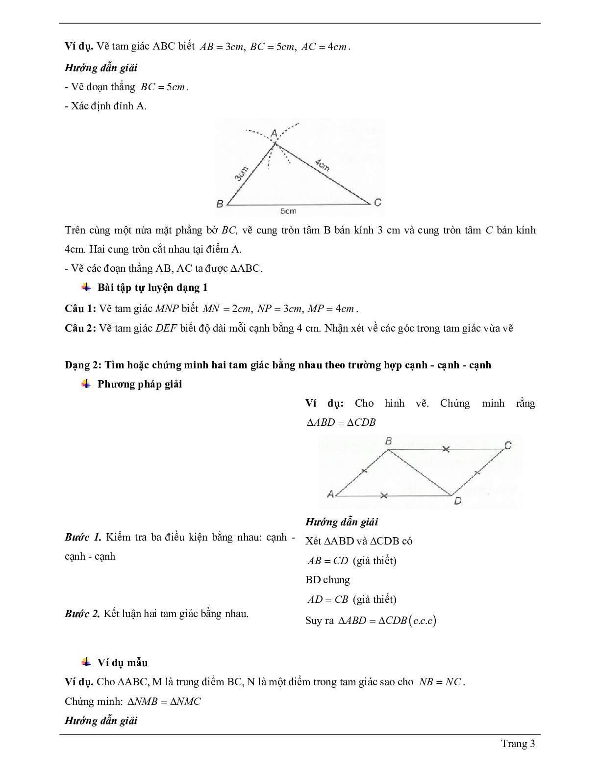 Lý thuyết Toán 7 có đáp án: Trường hợp bằng nhau thứ nhất của tam giác: cạnh - cạnh - canh (c.c.c) (trang 3)