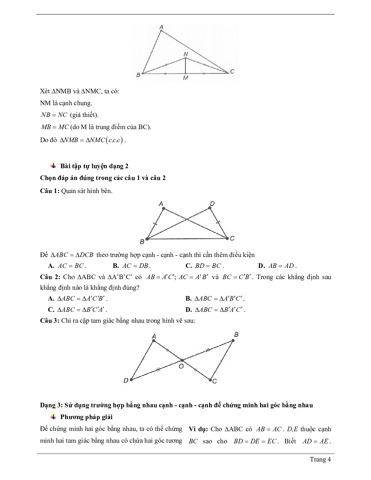 Lý thuyết Toán 7 có đáp án: Trường hợp bằng nhau thứ nhất của tam giác: cạnh - cạnh - canh (c.c.c) (trang 4)