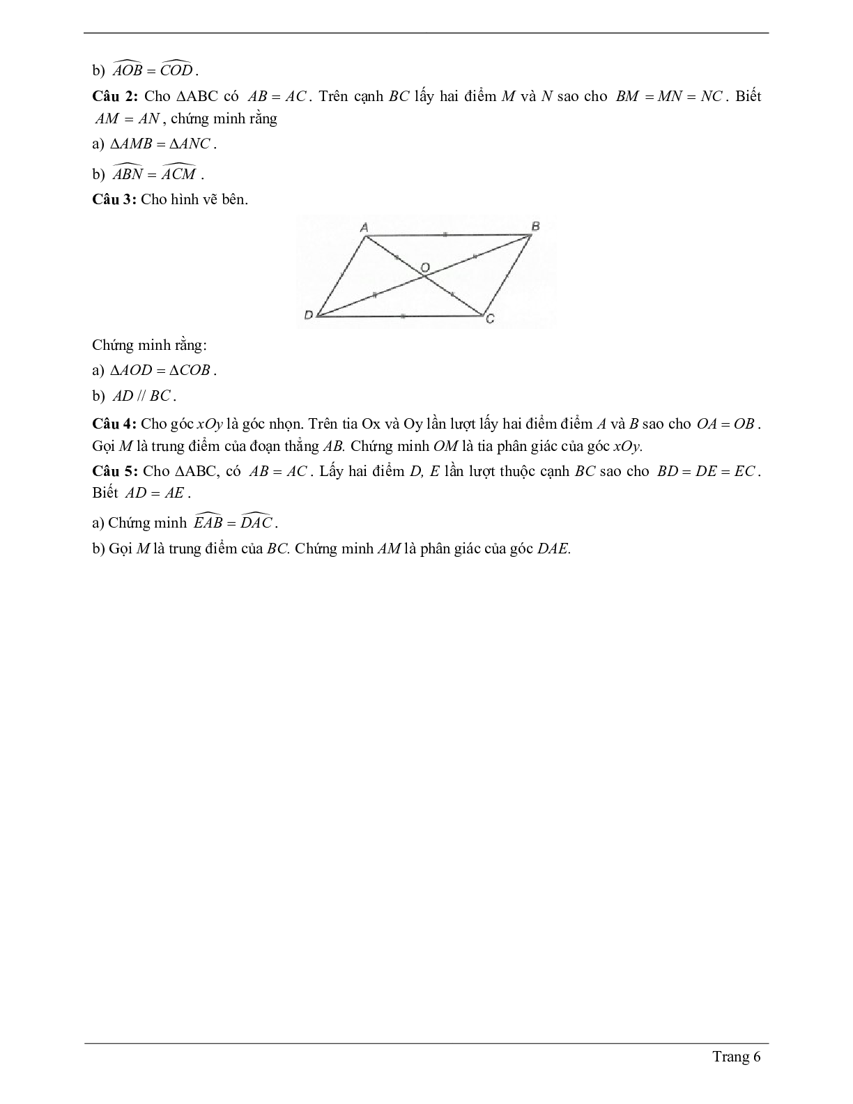 Lý thuyết Toán 7 có đáp án: Trường hợp bằng nhau thứ nhất của tam giác: cạnh - cạnh - canh (c.c.c) (trang 6)