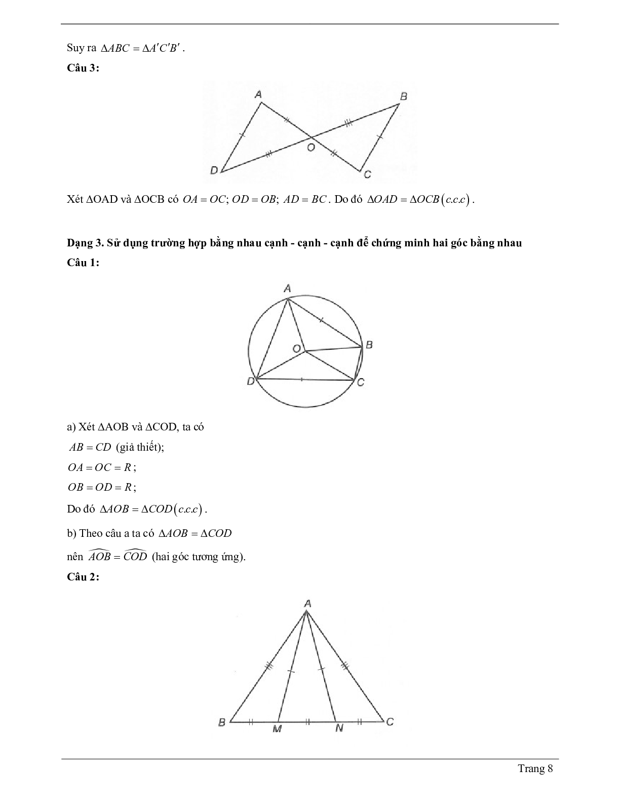 Lý thuyết Toán 7 có đáp án: Trường hợp bằng nhau thứ nhất của tam giác: cạnh - cạnh - canh (c.c.c) (trang 8)