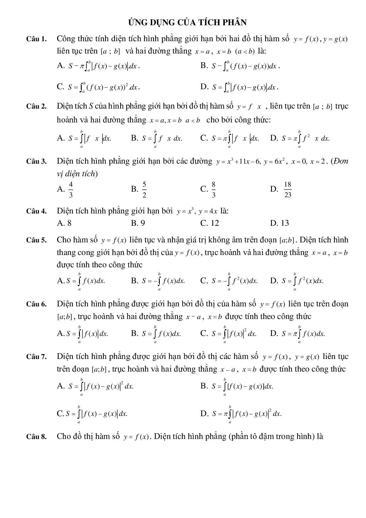 30 câu Trắc nghiệm Ứng dụng hình học của tích phân có đáp án 2023 – Toán 12 (trang 1)