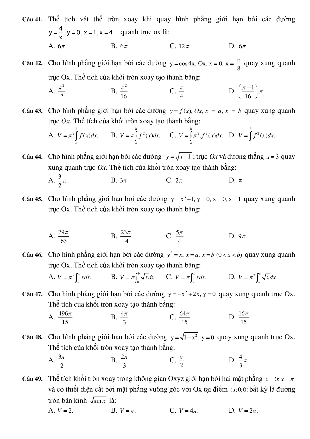 30 câu Trắc nghiệm Ứng dụng hình học của tích phân có đáp án 2023 – Toán 12 (trang 6)