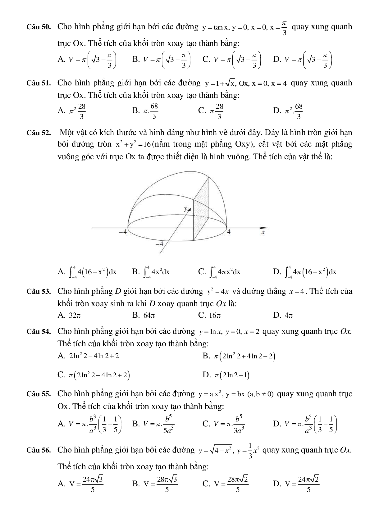 30 câu Trắc nghiệm Ứng dụng hình học của tích phân có đáp án 2023 – Toán 12 (trang 7)
