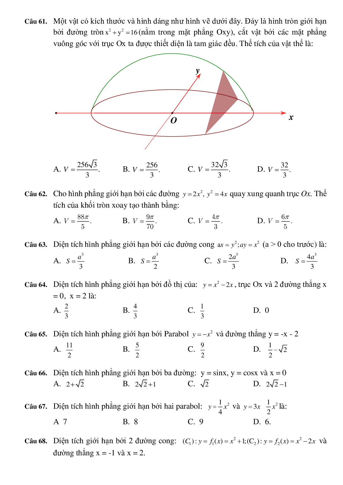 30 câu Trắc nghiệm Ứng dụng hình học của tích phân có đáp án 2023 – Toán 12 (trang 9)