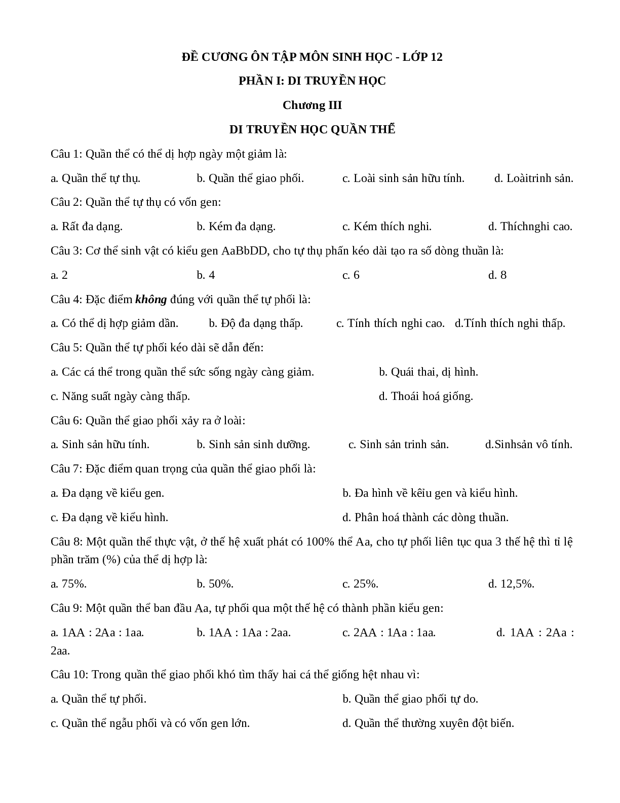 Đề cương ôn thi THPT QG phần 1 chương 3+4 - Sinh Học lớp 12 (trang 1)