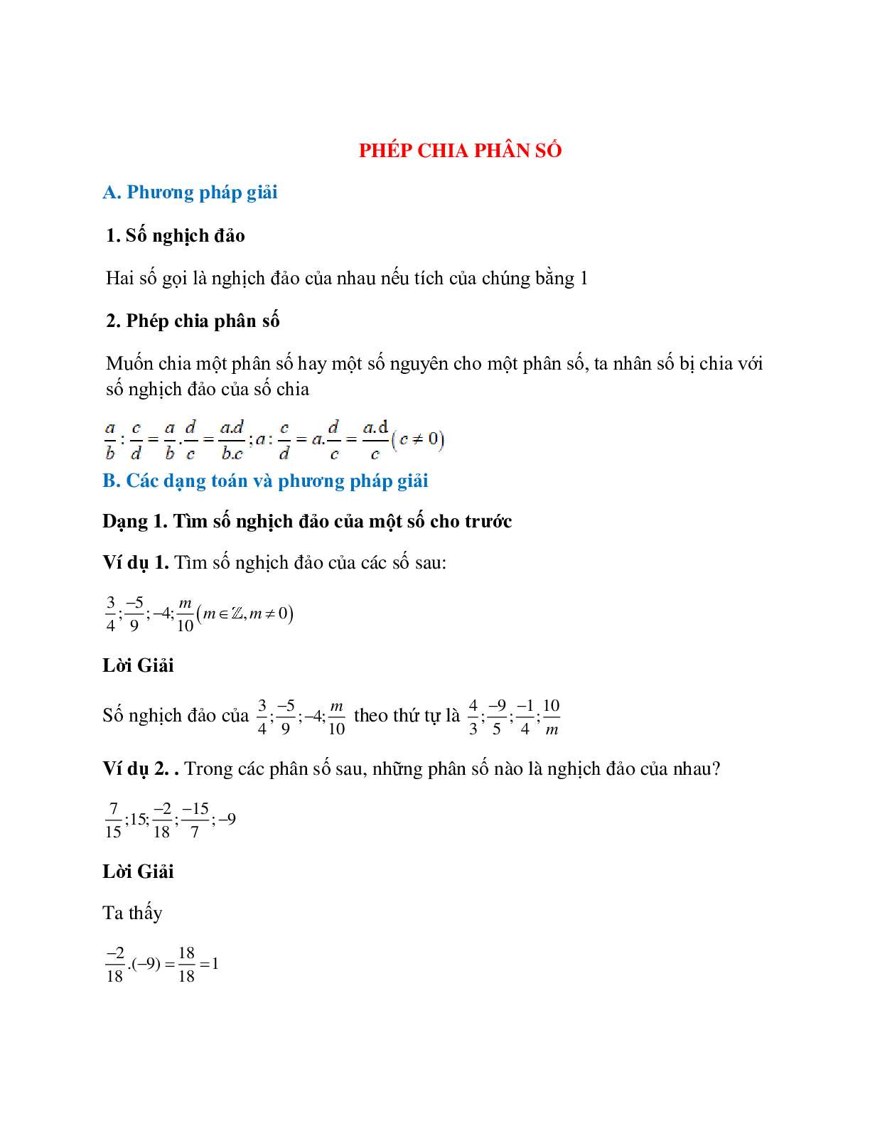 Hệ thống bài tập về phép chia hai phân số có lời giải (trang 1)