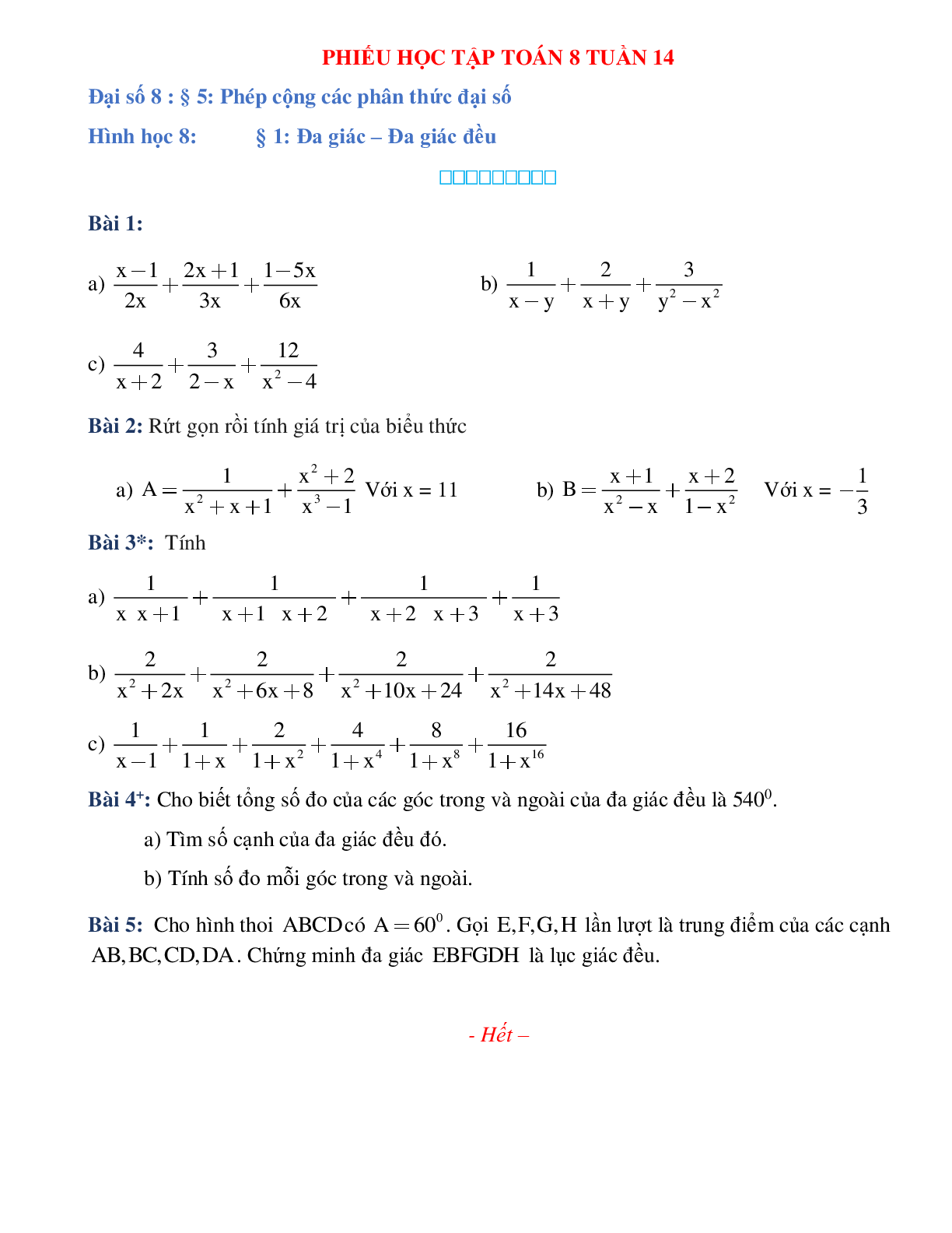 Phiếu bài tập tuần 14 - Toán 8 (trang 1)