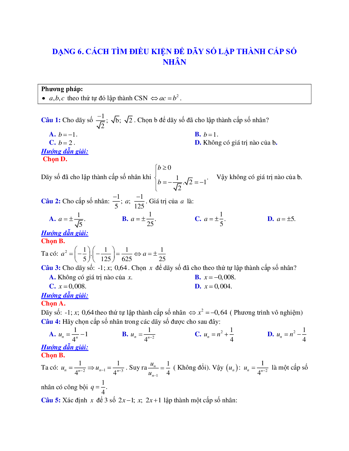 Phương pháp giải và bài tập về Cách tìm điều kiện để dãy số lập thành cấp số nhân (trang 1)