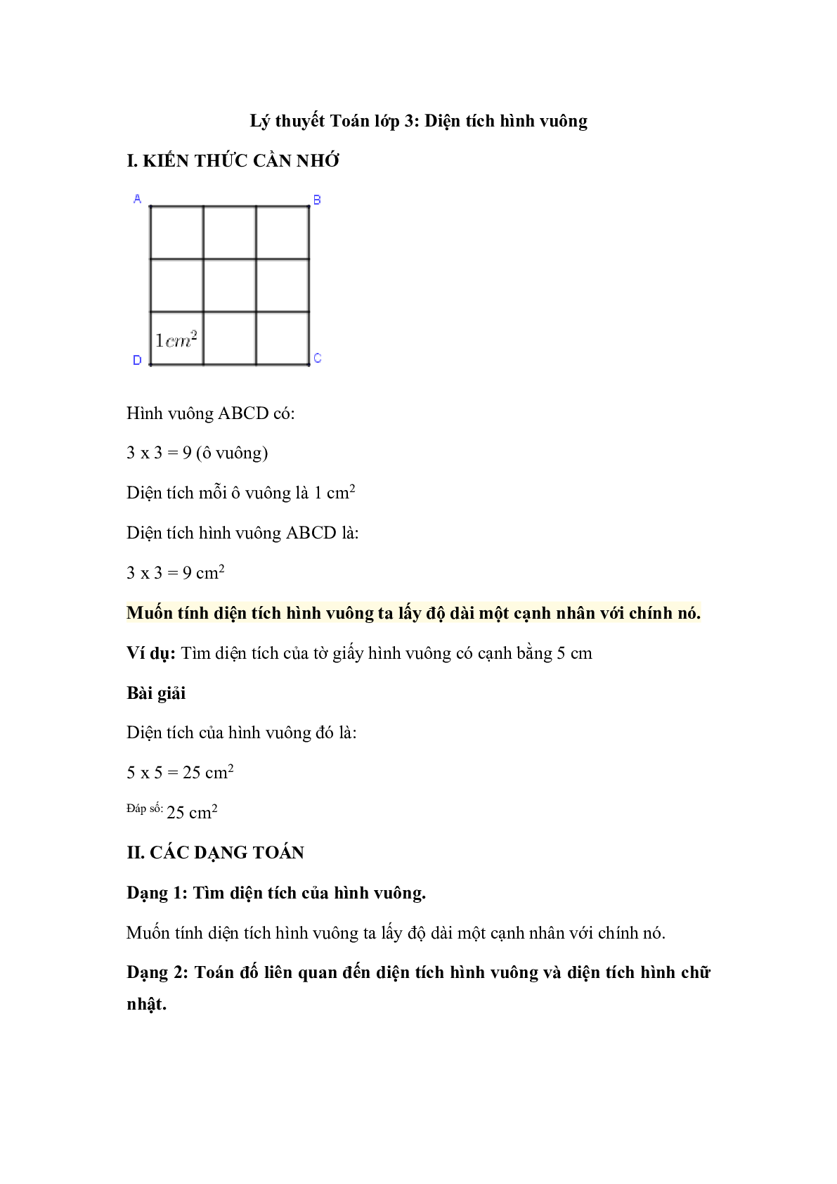 Lý thuyết Toán lớp 3: Diện tích hình vuông (trang 1)