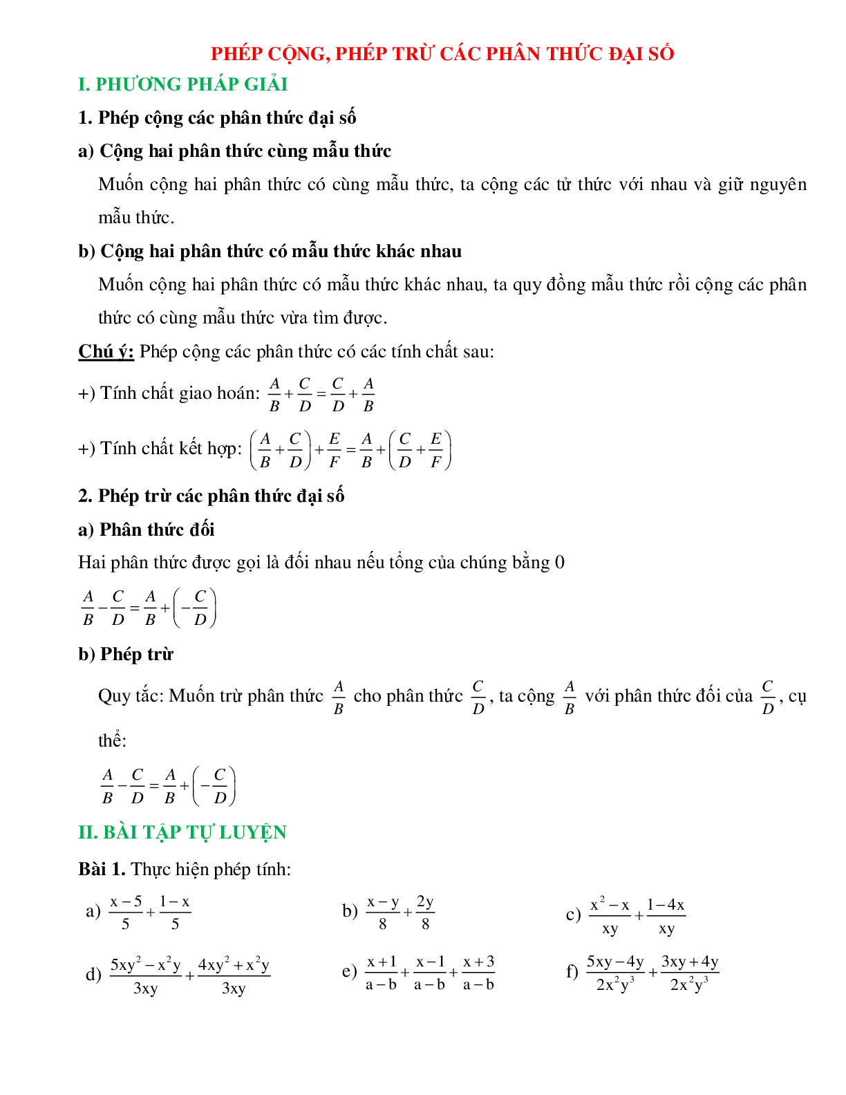 Phép cộng, phép trừ các phân thức đại số và phương pháp giải (trang 1)
