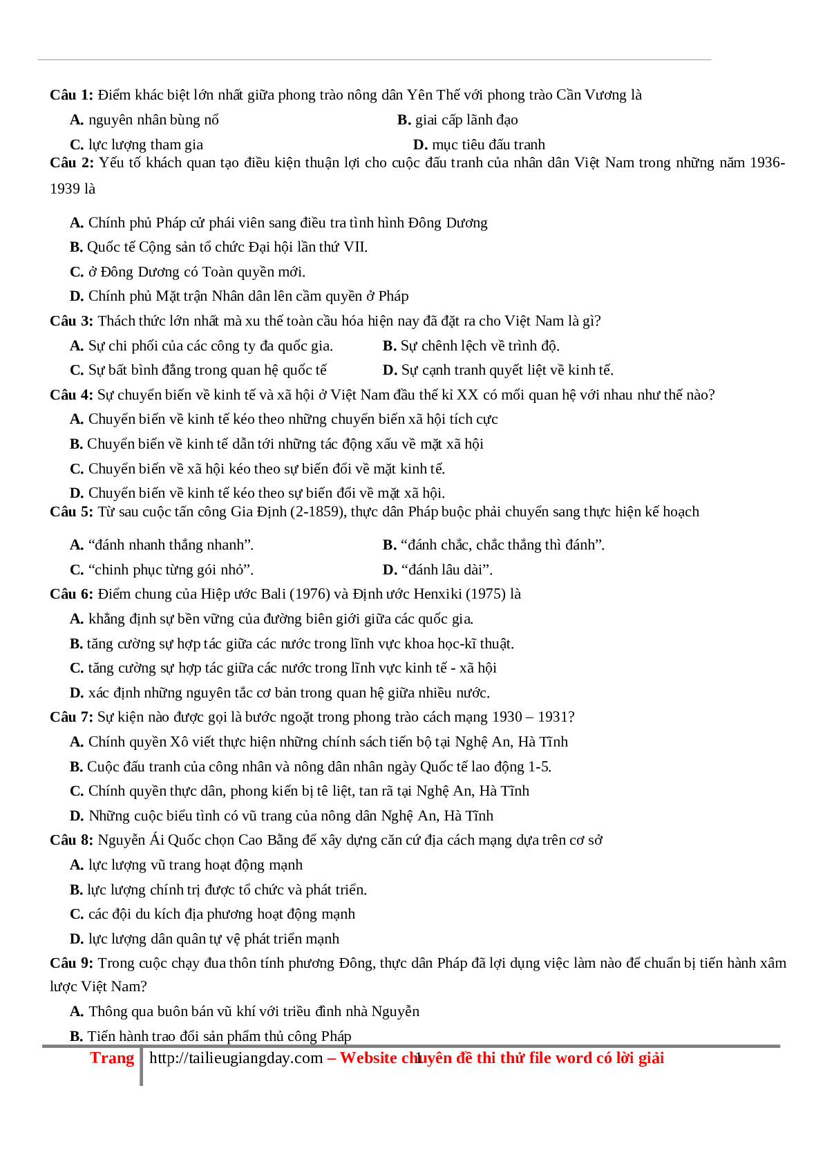 70 câu hỏi ôn tập hay - Lịch Sử 12 (trang 1)