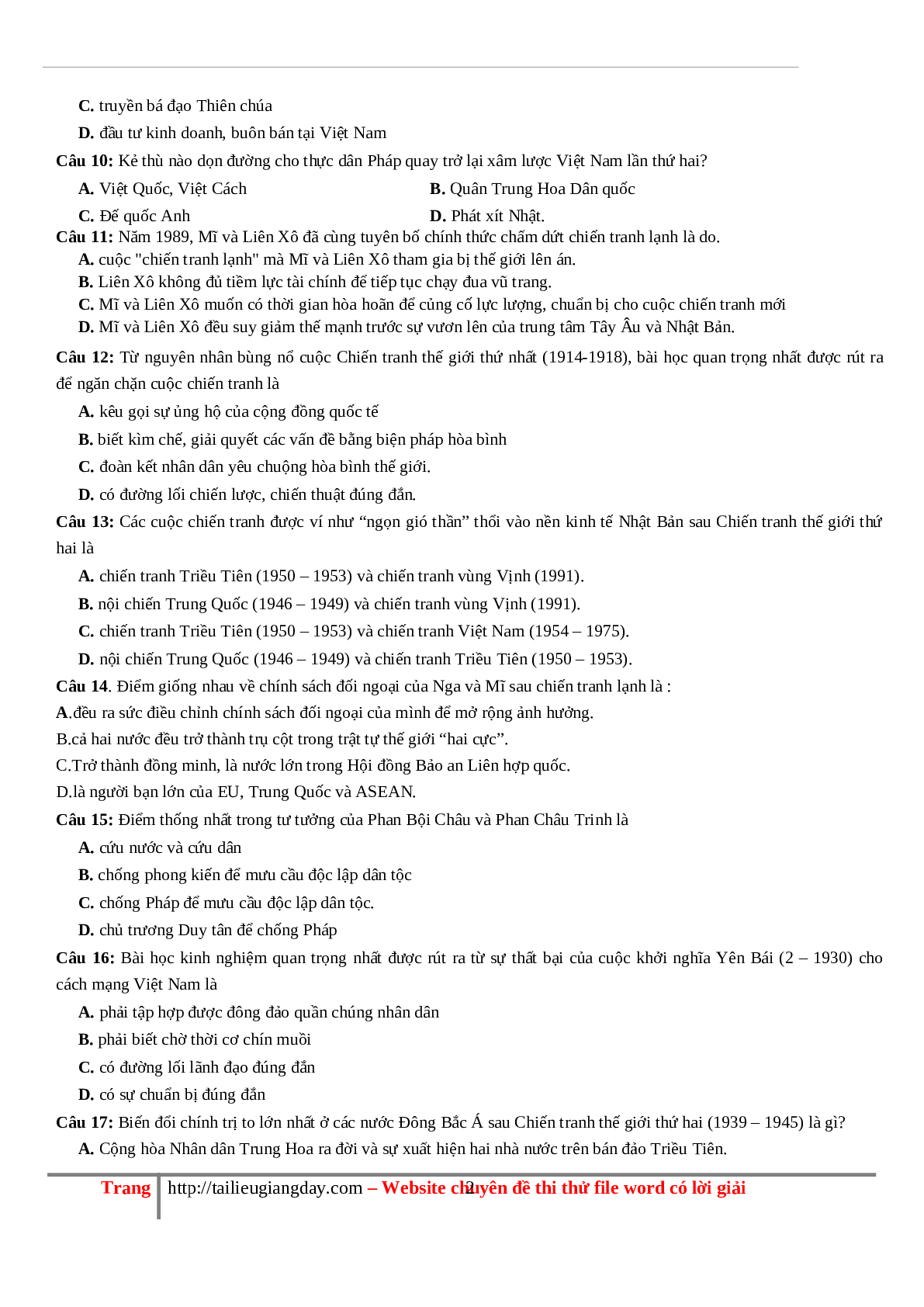 70 câu hỏi ôn tập hay - Lịch Sử 12 (trang 2)