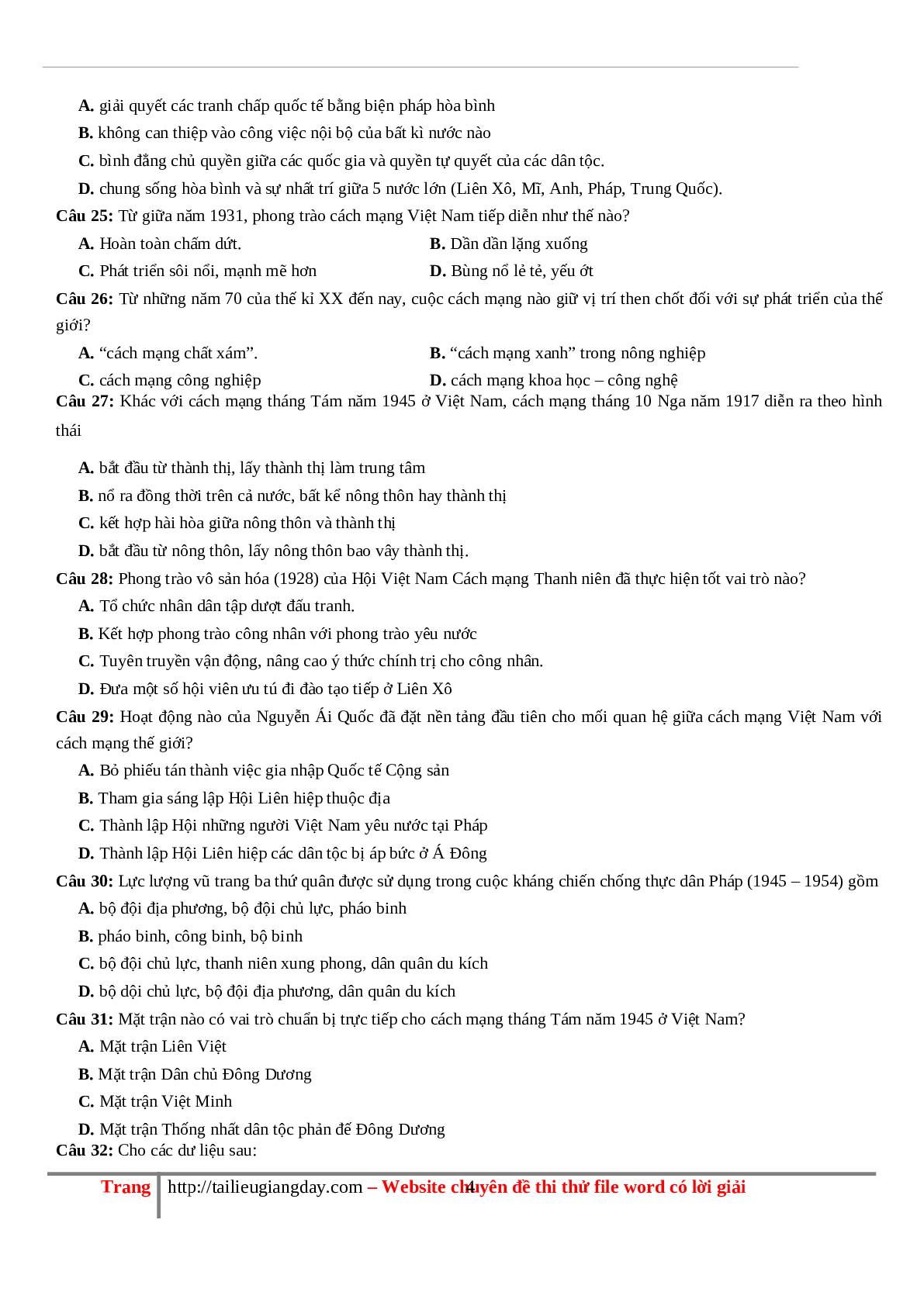 70 câu hỏi ôn tập hay - Lịch Sử 12 (trang 4)