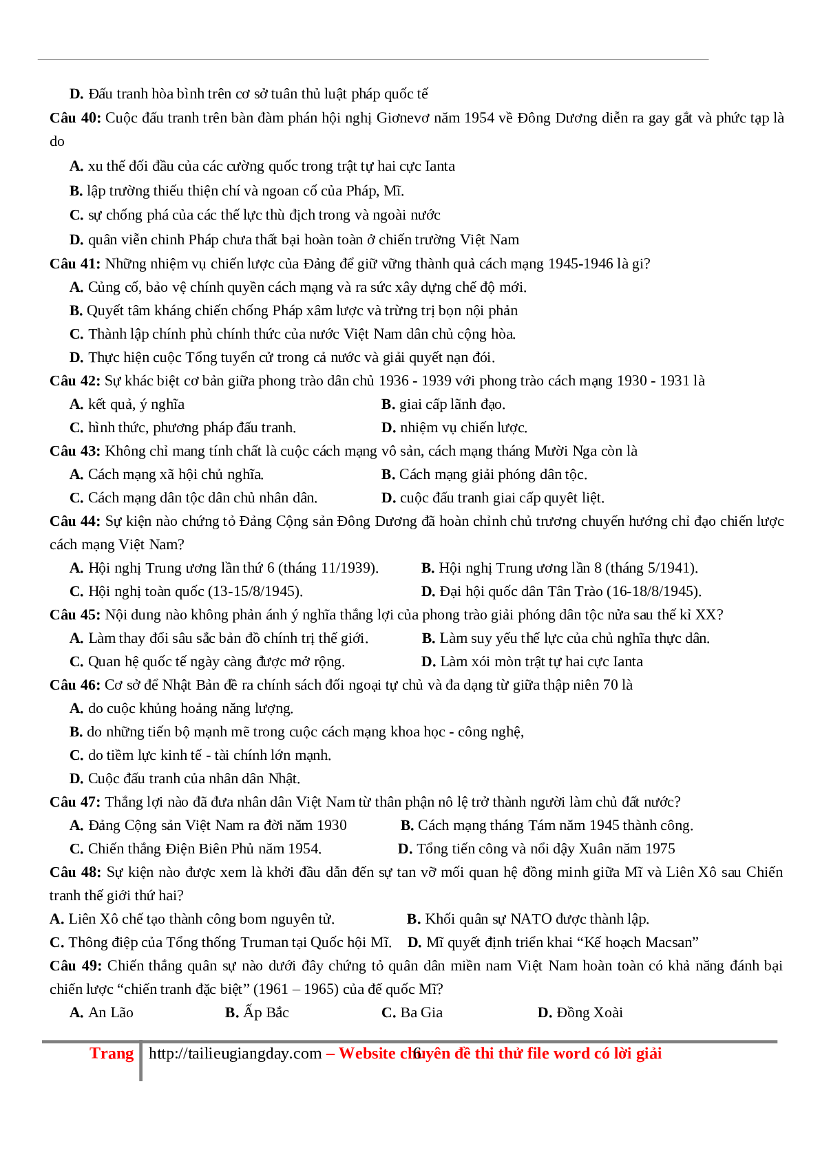 70 câu hỏi ôn tập hay - Lịch Sử 12 (trang 6)