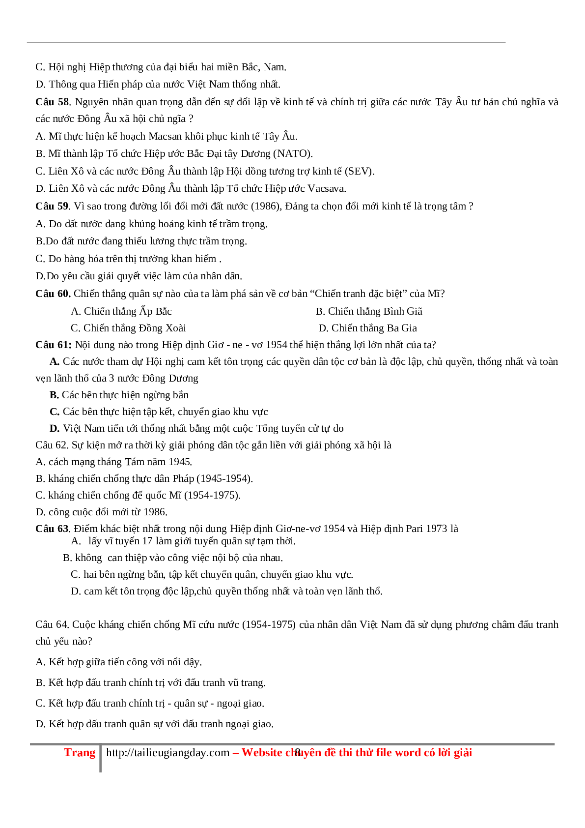 70 câu hỏi ôn tập hay - Lịch Sử 12 (trang 8)