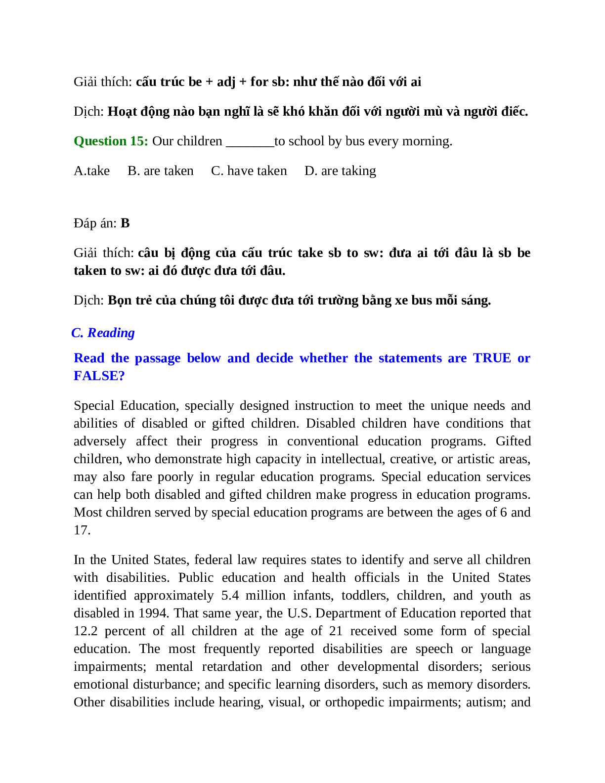 Trắc nghiệm Tiếng Anh 10 Unit 4 có đáp án: Special Education (trang 8)