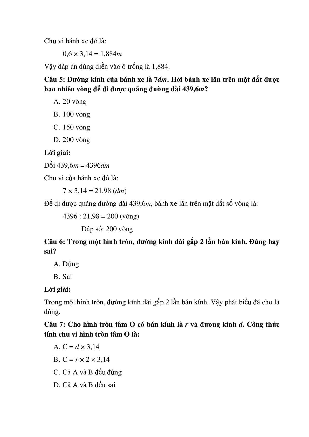 15 câu Trắc nghiệm Hình tròn. Đường tròn. Chu vi hình tròn có đáp án 2023 – Toán lớp 5 (trang 2)