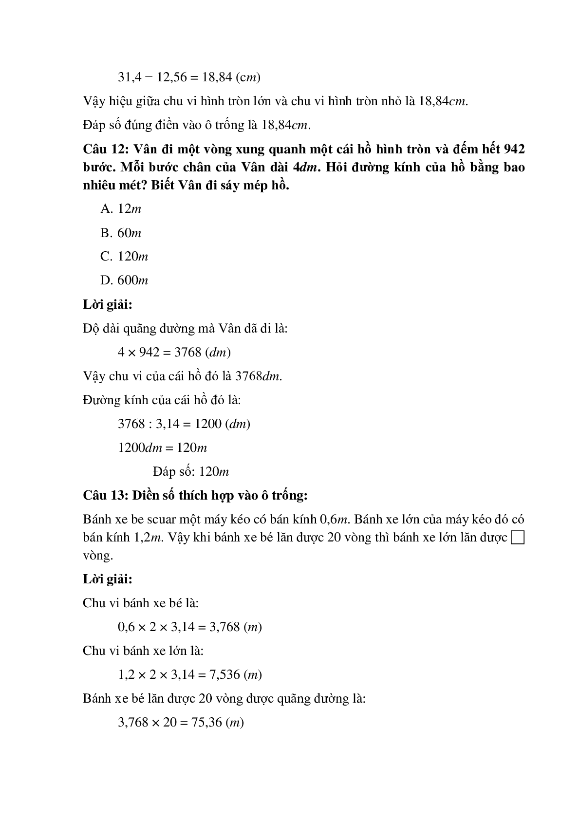 15 câu Trắc nghiệm Hình tròn. Đường tròn. Chu vi hình tròn có đáp án 2023 – Toán lớp 5 (trang 5)