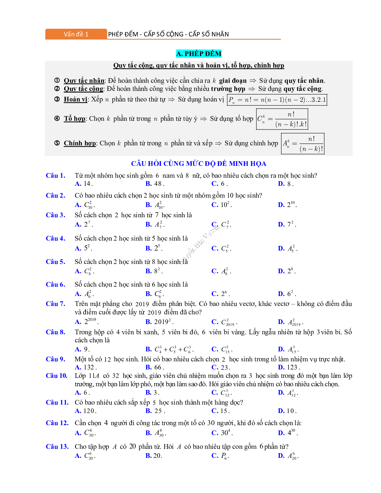 Phương pháp giải về Phép đếm, cấp số cộng và cấp số nhân 2023 (lý thuyết và bài tập) (trang 1)
