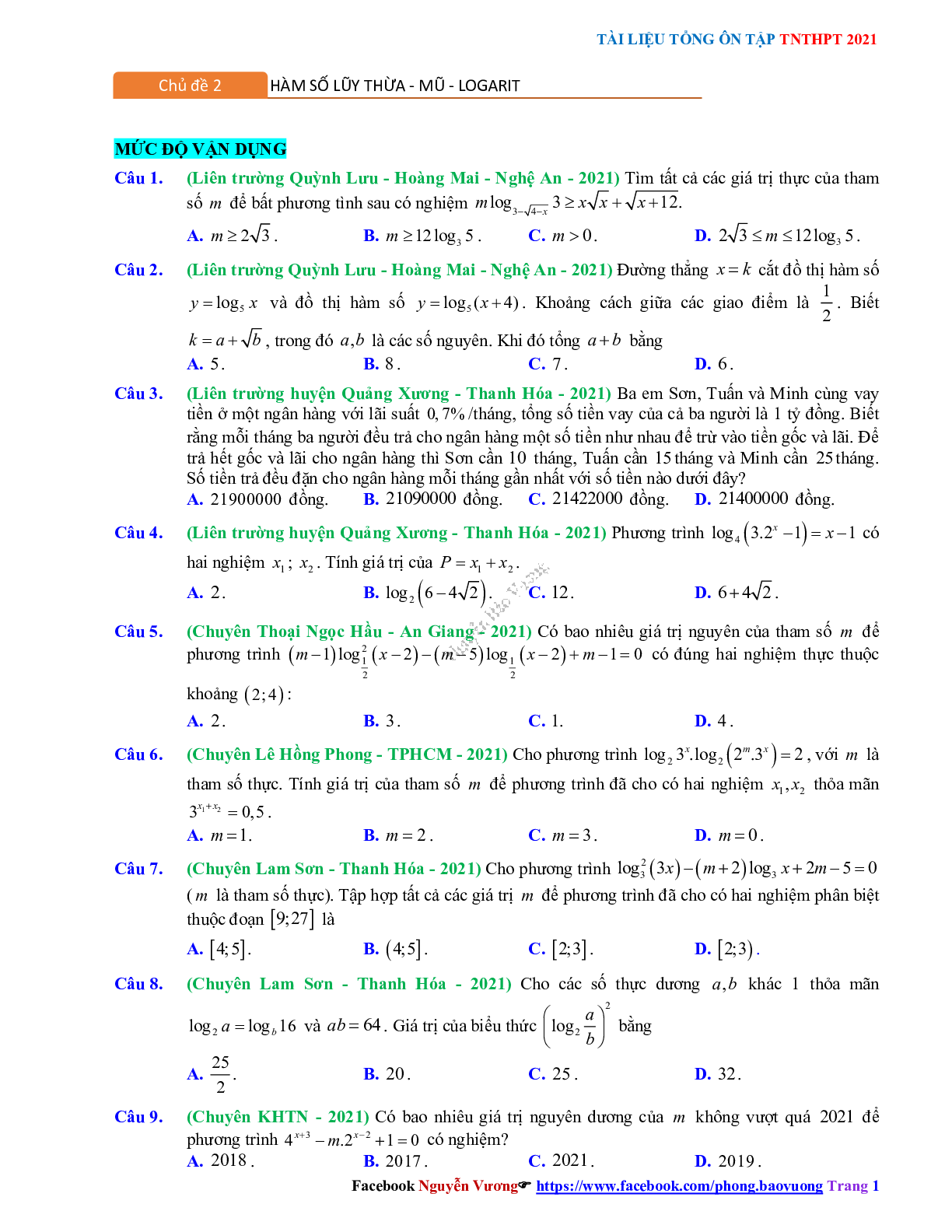 Trắc nghiệm Ôn thi THPT QG Toán 12 có đáp án: Câu hỏi mũ - lũy thừa - logarit mức độ vận dụng (trang 1)