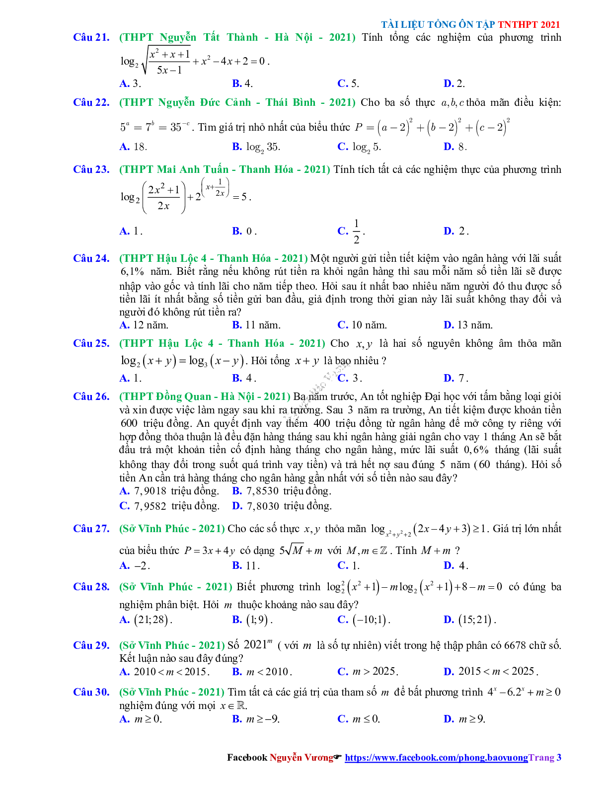 Trắc nghiệm Ôn thi THPT QG Toán 12 có đáp án: Câu hỏi mũ - lũy thừa - logarit mức độ vận dụng (trang 3)