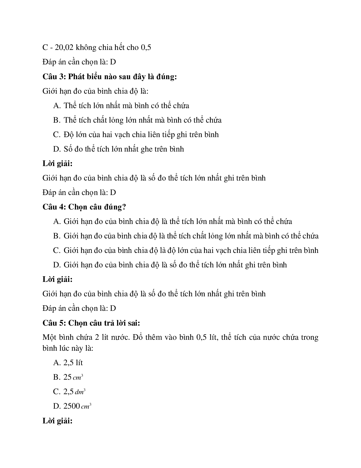 Trắc nghiệm Đo thể tích chất lỏng có đáp án - Vật lí 6 (trang 2)