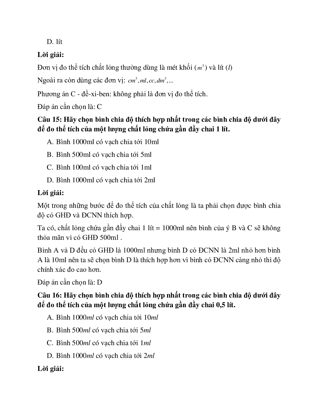 Trắc nghiệm Đo thể tích chất lỏng có đáp án - Vật lí 6 (trang 7)