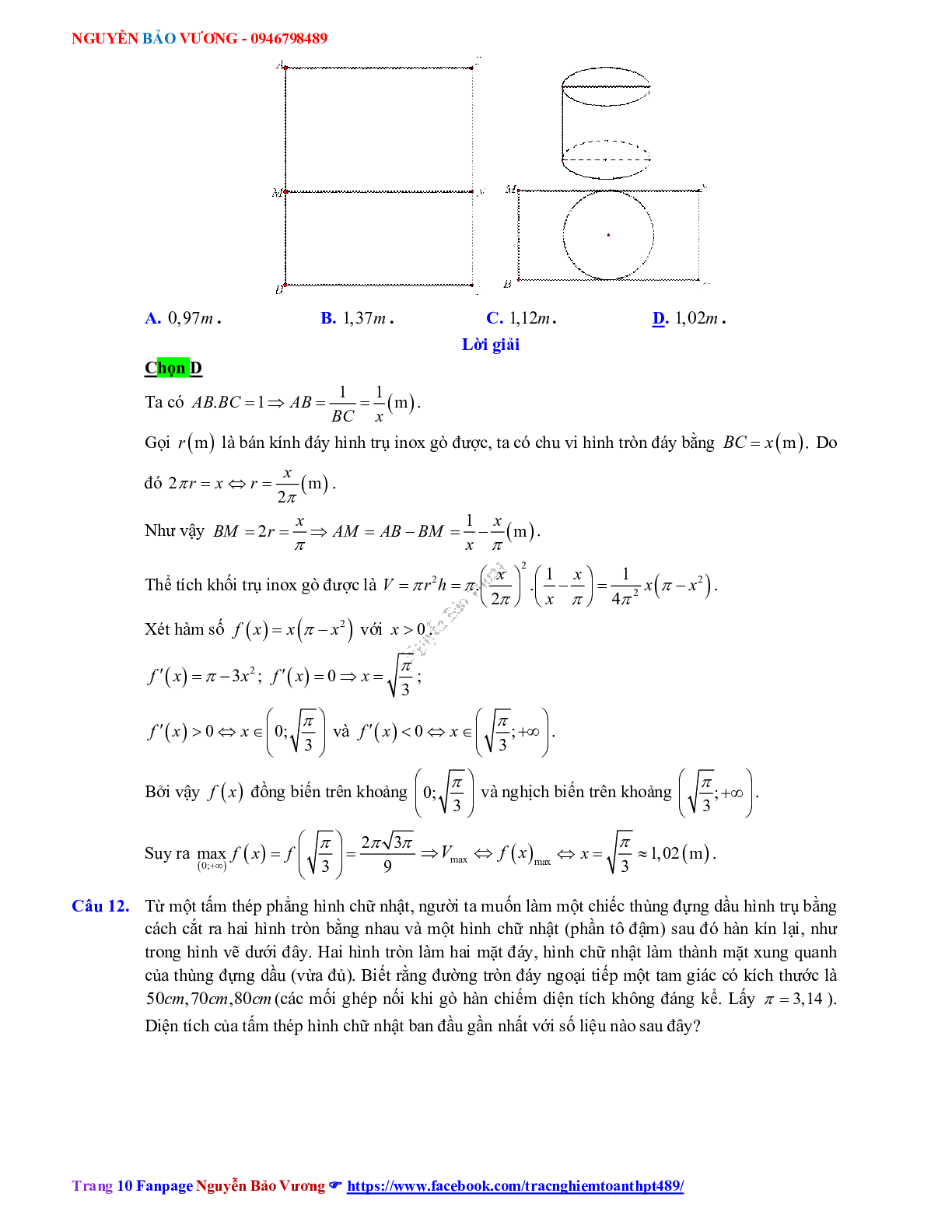 Trắc nghiệm Ôn thi THPT QG Toán 12: Đáp án khối tròn xoay mức độ vận dụng cao (trang 10)