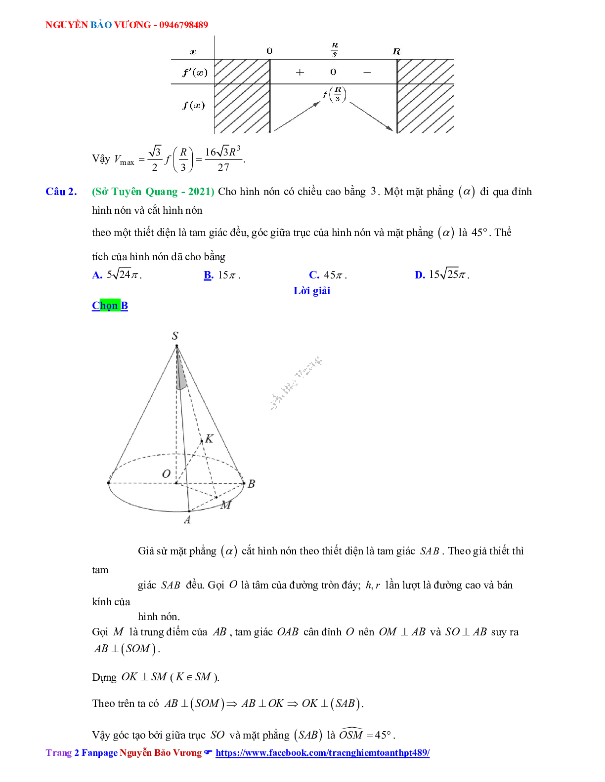 Trắc nghiệm Ôn thi THPT QG Toán 12: Đáp án khối tròn xoay mức độ vận dụng cao (trang 2)
