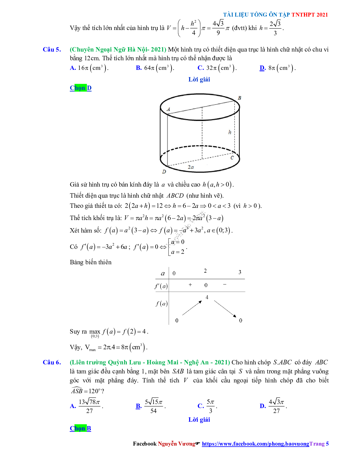 Trắc nghiệm Ôn thi THPT QG Toán 12: Đáp án khối tròn xoay mức độ vận dụng cao (trang 5)