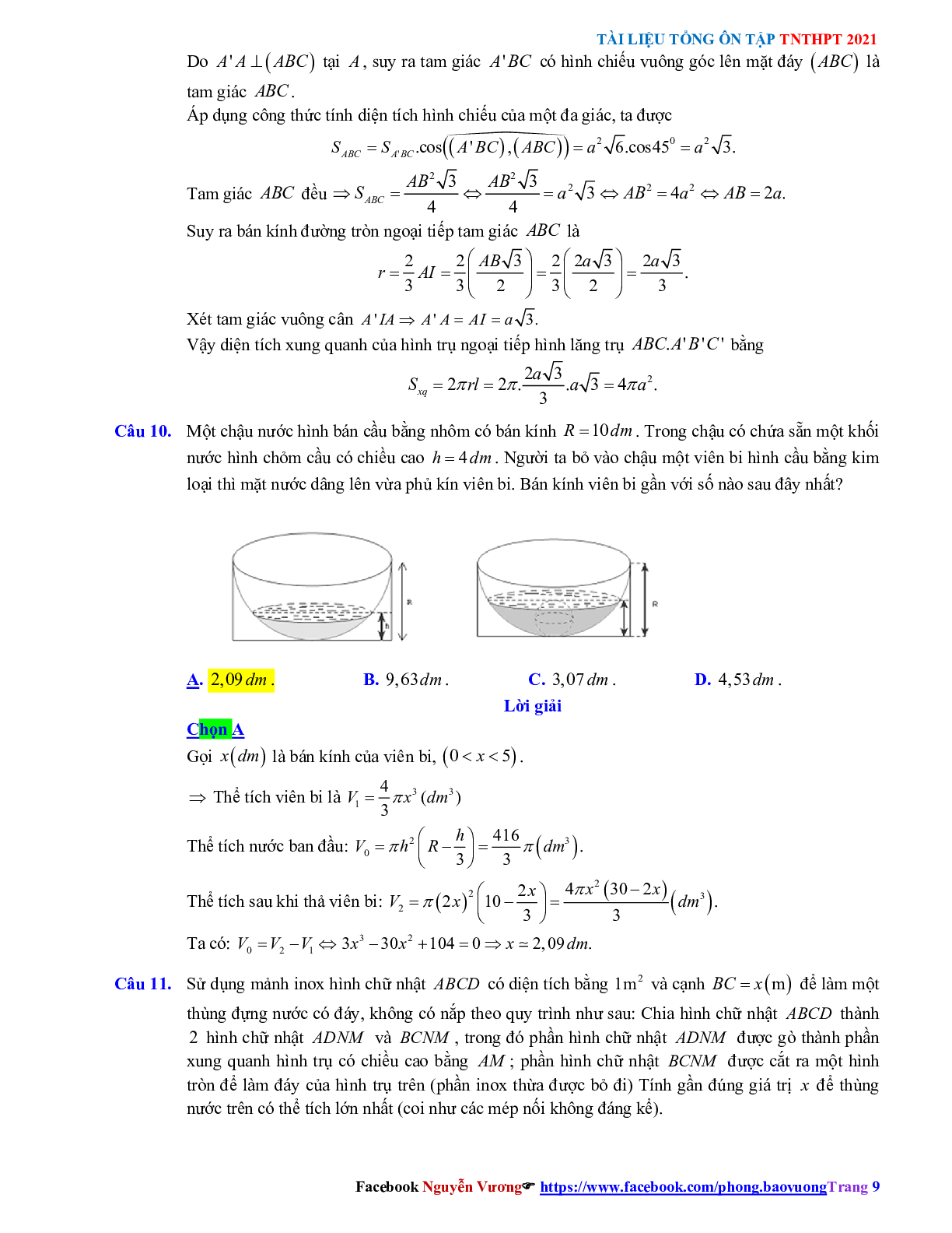 Trắc nghiệm Ôn thi THPT QG Toán 12: Đáp án khối tròn xoay mức độ vận dụng cao (trang 9)