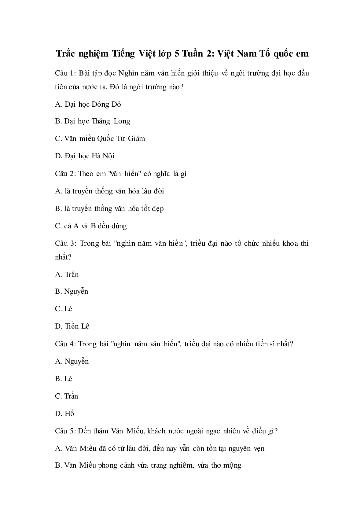 Trắc nghiệm Tiếng Việt lớp 5: Tuần 2 có đáp án (trang 1)
