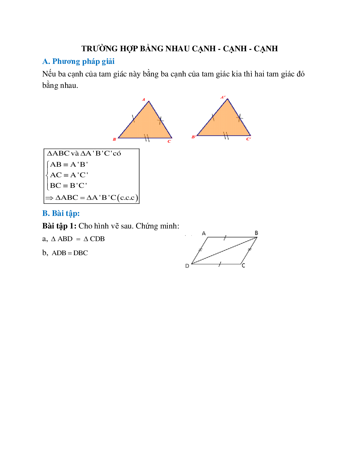 Phương pháp giải bài tập Trường hợp bằng nhau cạnh - cạnh - cạnh chọn lọc (trang 1)
